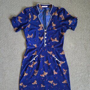 Beautiful blue tea dress with an owl pattern, Trollied Dolly, Size M, perfect